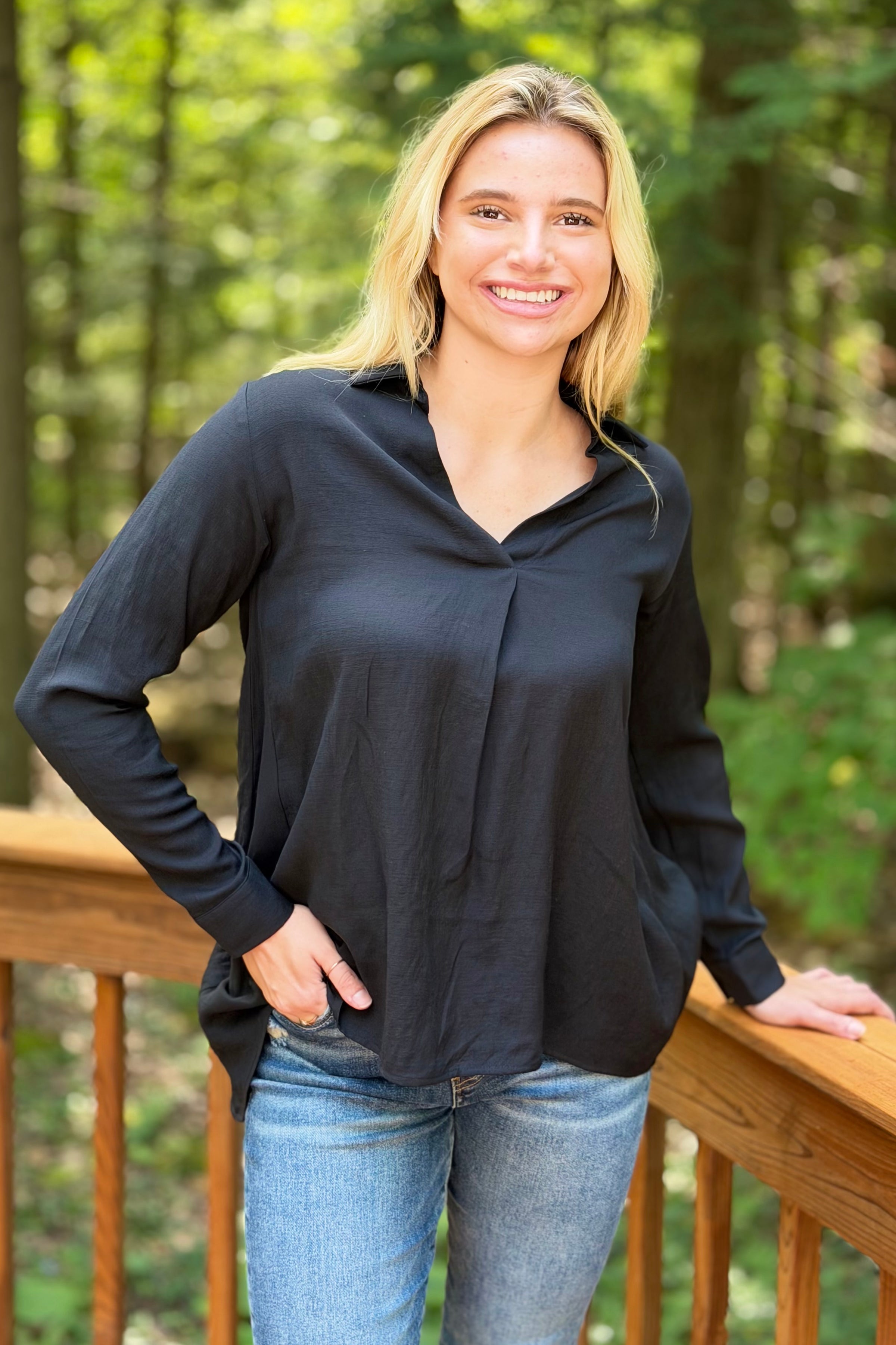 Dramatic Hi-Low V-Neck Blouse - Black