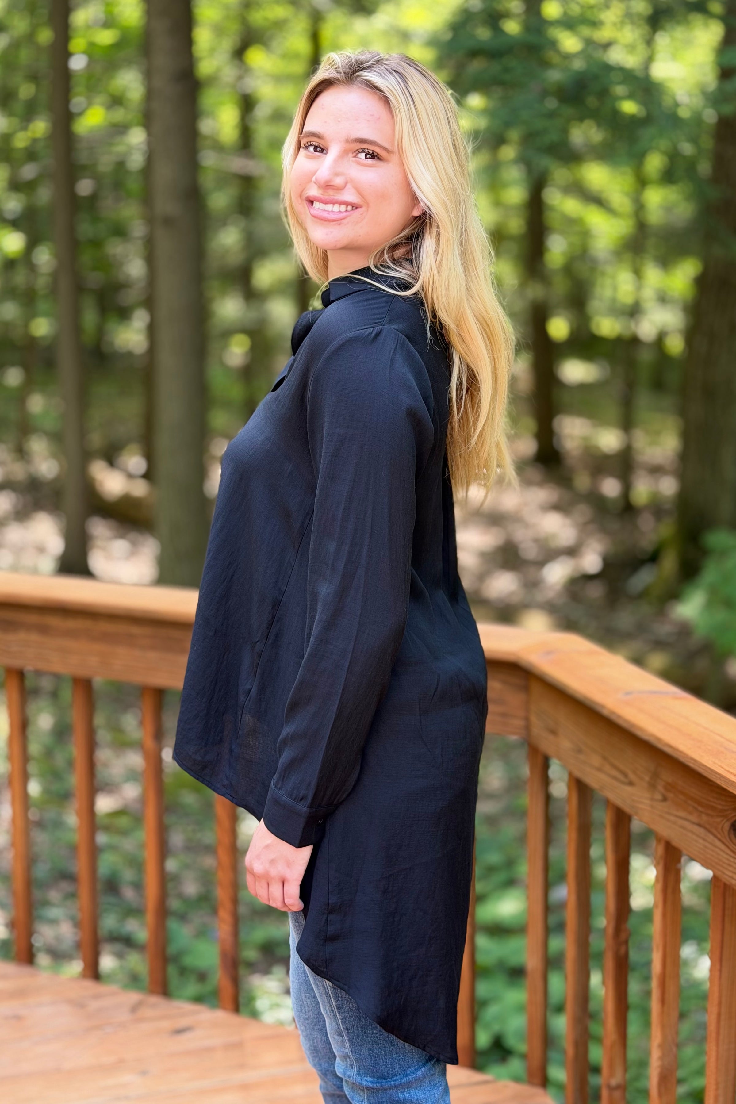 Dramatic Hi-Low V-Neck Blouse - Black