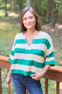 Split Neck Stripe Sweater - Green