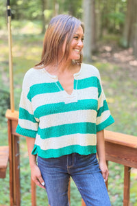 Split Neck Stripe Sweater - Green