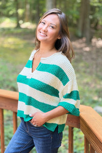 Split Neck Stripe Sweater - Green