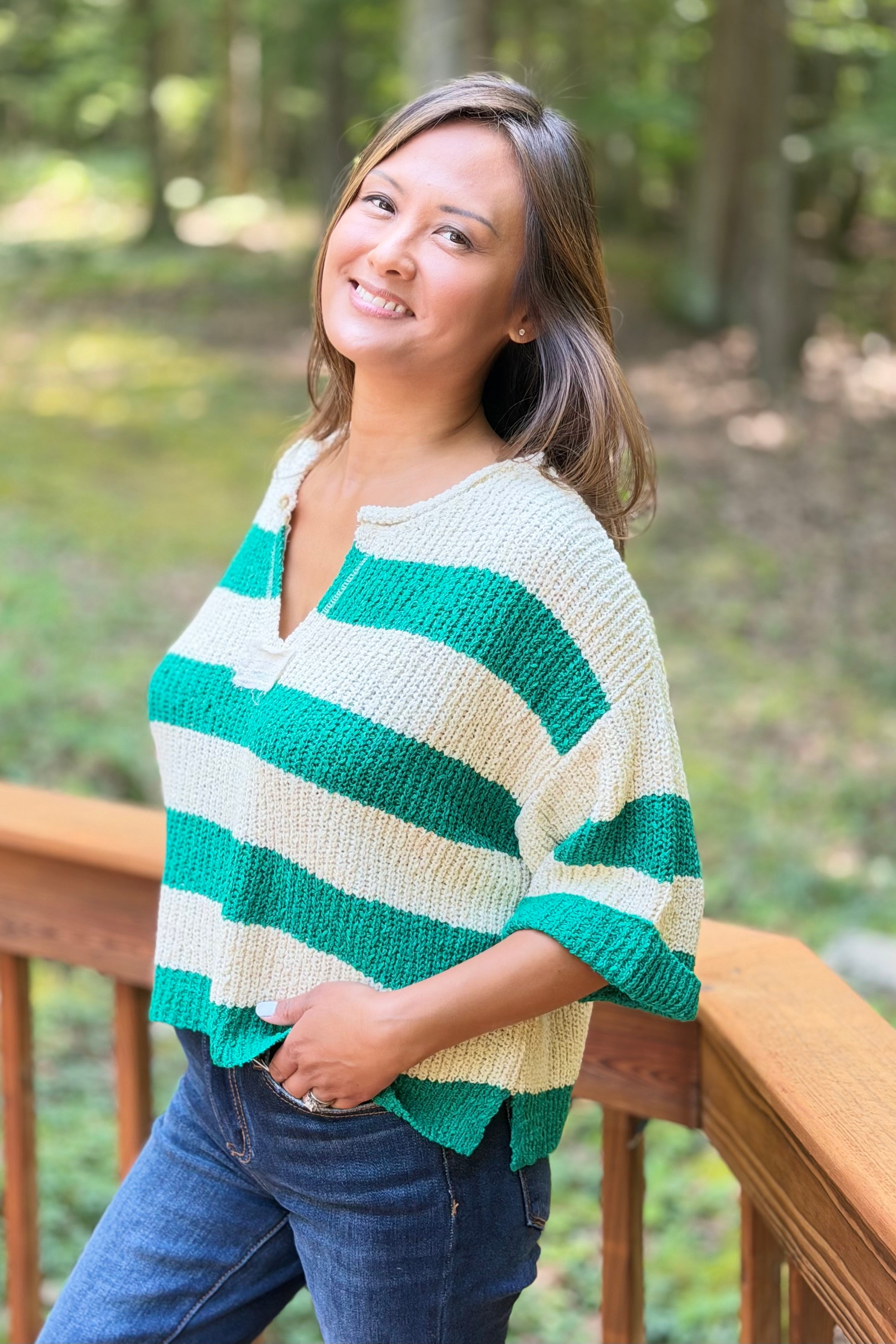 Split Neck Stripe Sweater - Green