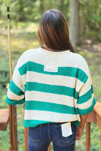 Split Neck Stripe Sweater - Green