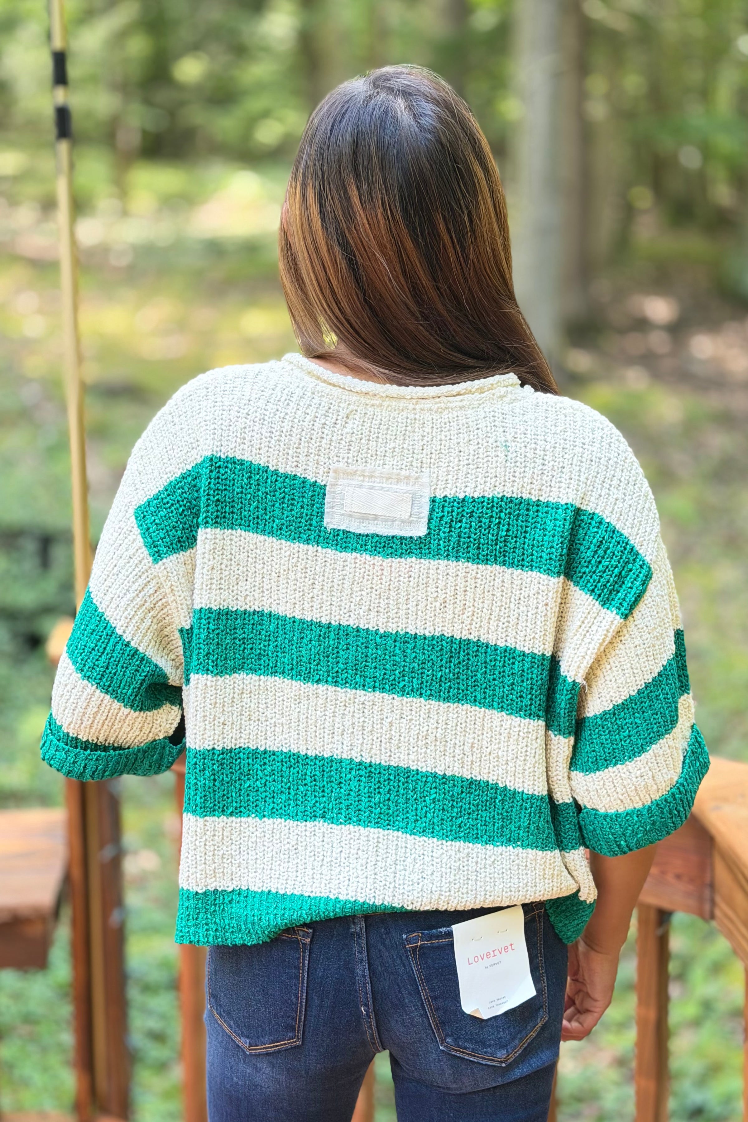 Split Neck Stripe Sweater - Green