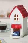 A white and red house k-pod coffee storage holder. The top is removable for easy refilling. BPA free.