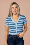 Short Sleeve Button Down Stripe Knit
