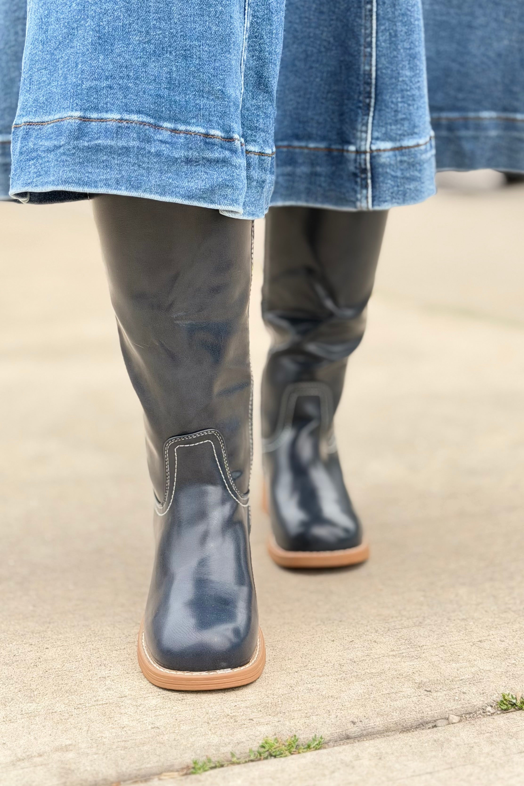 Square Toe Pleather Boots - Navy