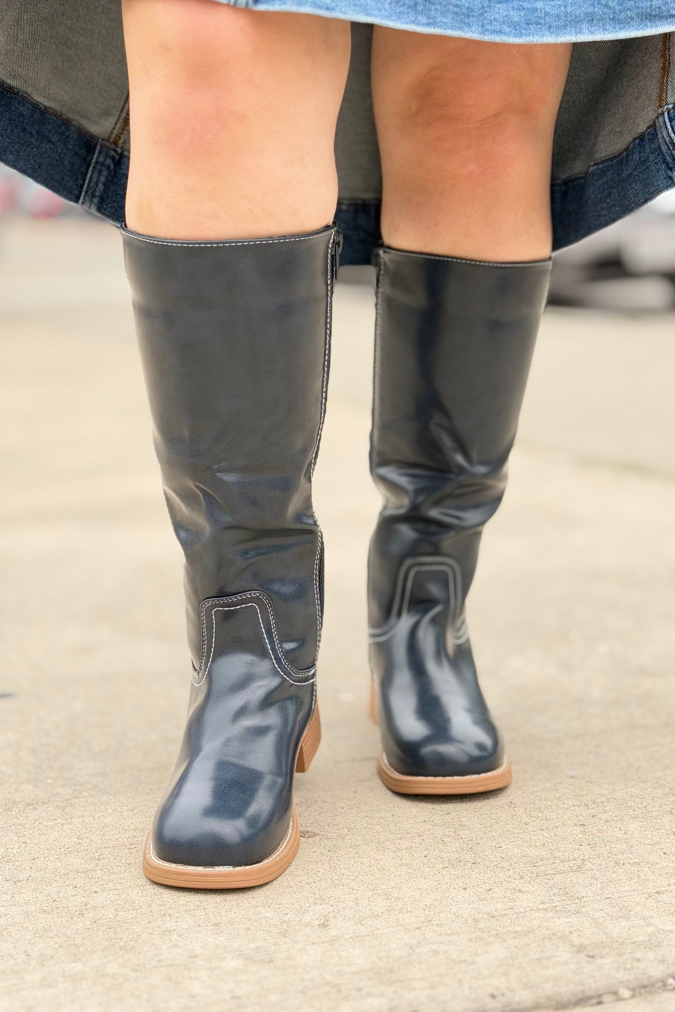 Square Toe Pleather Boots - Navy