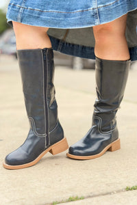 Square Toe Pleather Boots - Navy