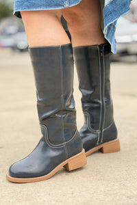 Square Toe Pleather Boots - Navy