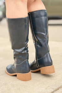 Square Toe Pleather Boots - Navy