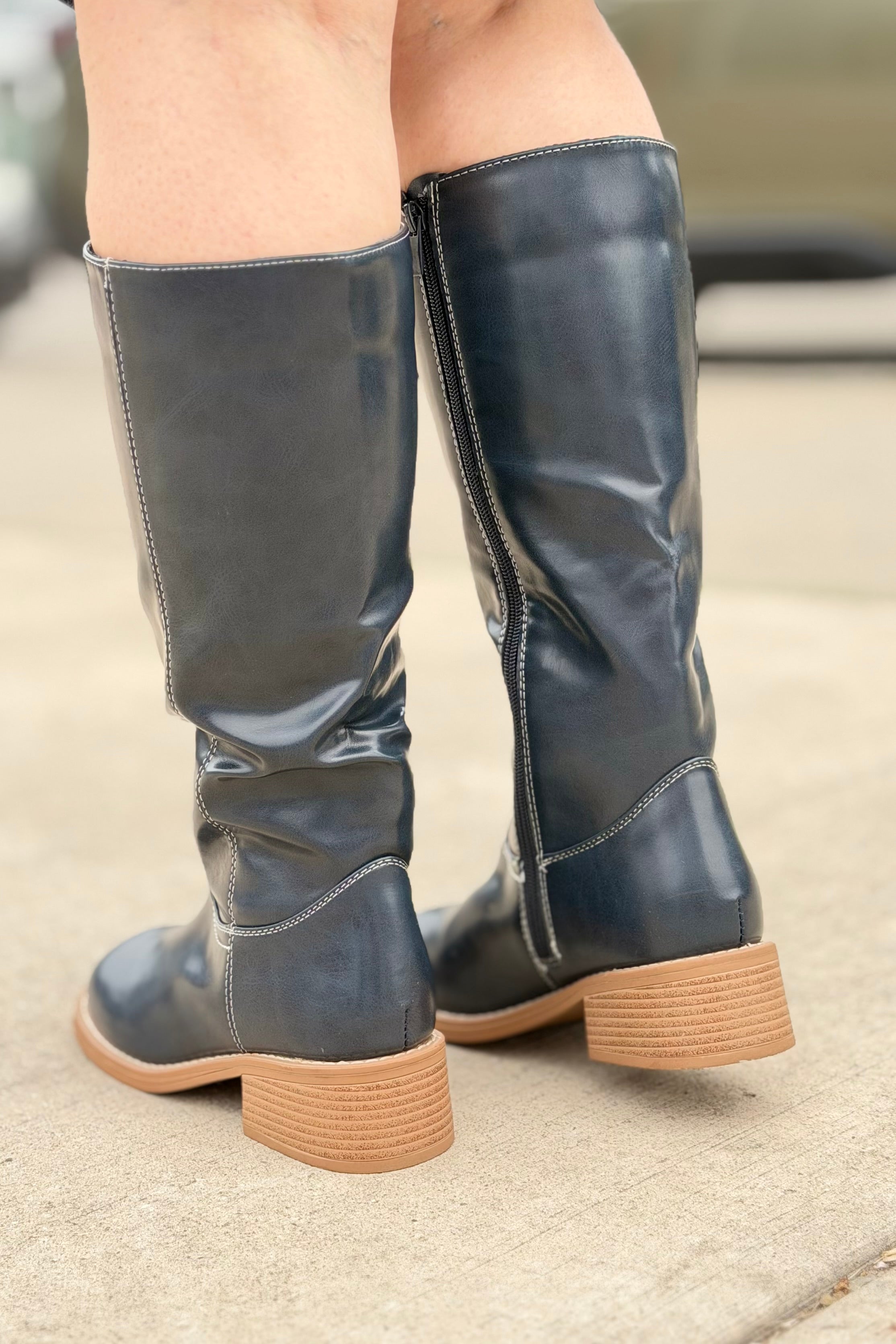 Square Toe Pleather Boots - Navy