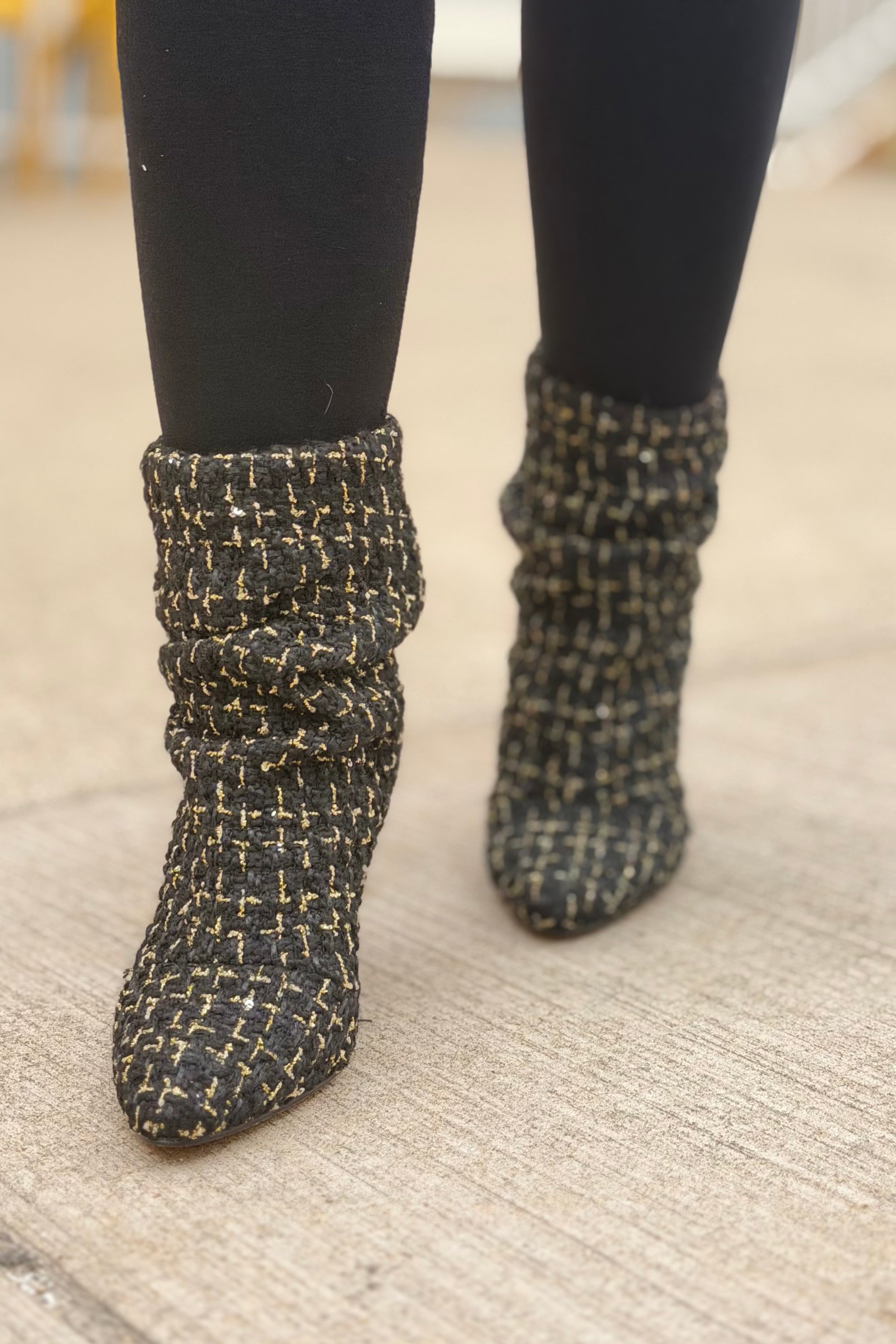 Gina Slouch Heel Bootie - Black Tweed