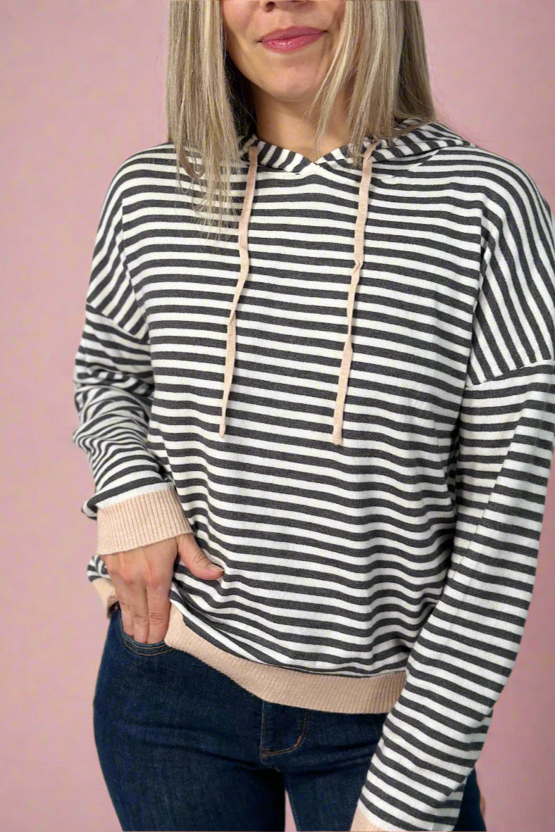 Two-Tone Striped Hoodie - Grey