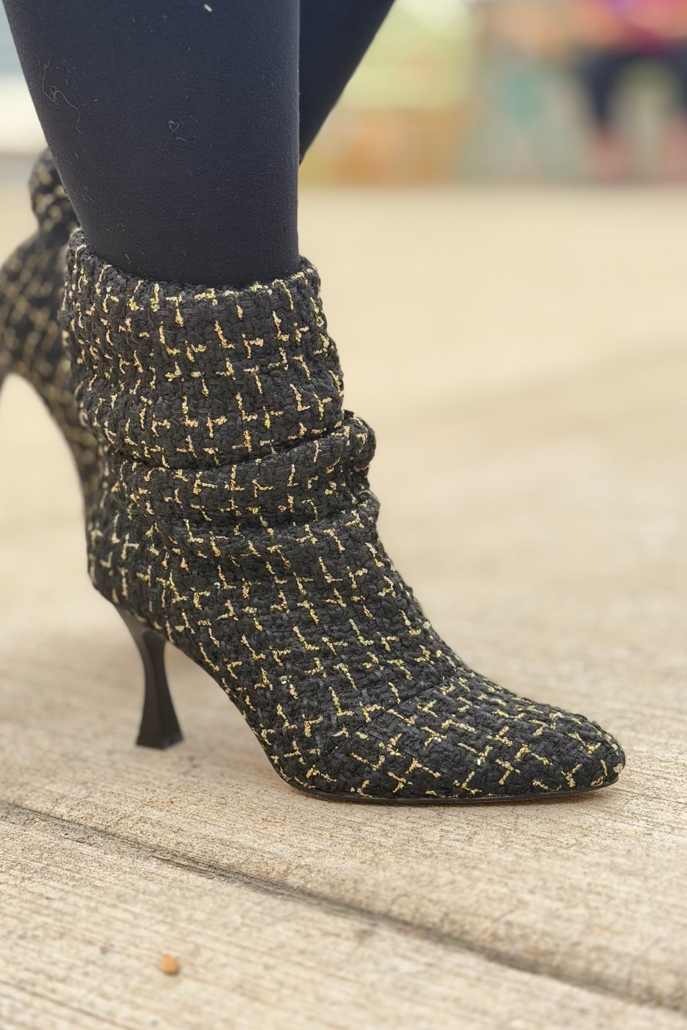 Gina Slouch Heel Bootie - Black Tweed