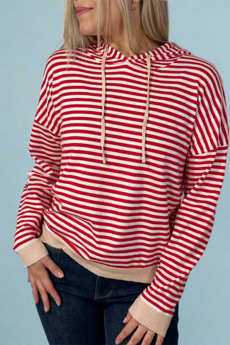 Two-Tone Striped Hoodie - Red