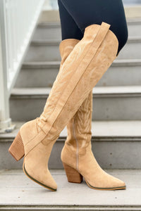 Bronco Knee High Western Boots - Almond