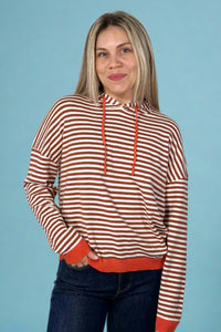Two-Tone Striped Hoodie - Brick