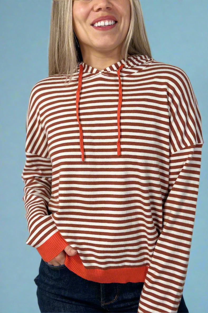 Two-Tone Striped Hoodie - Brick