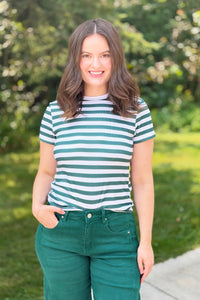 Stripe Ribbed Crewneck Top - Green