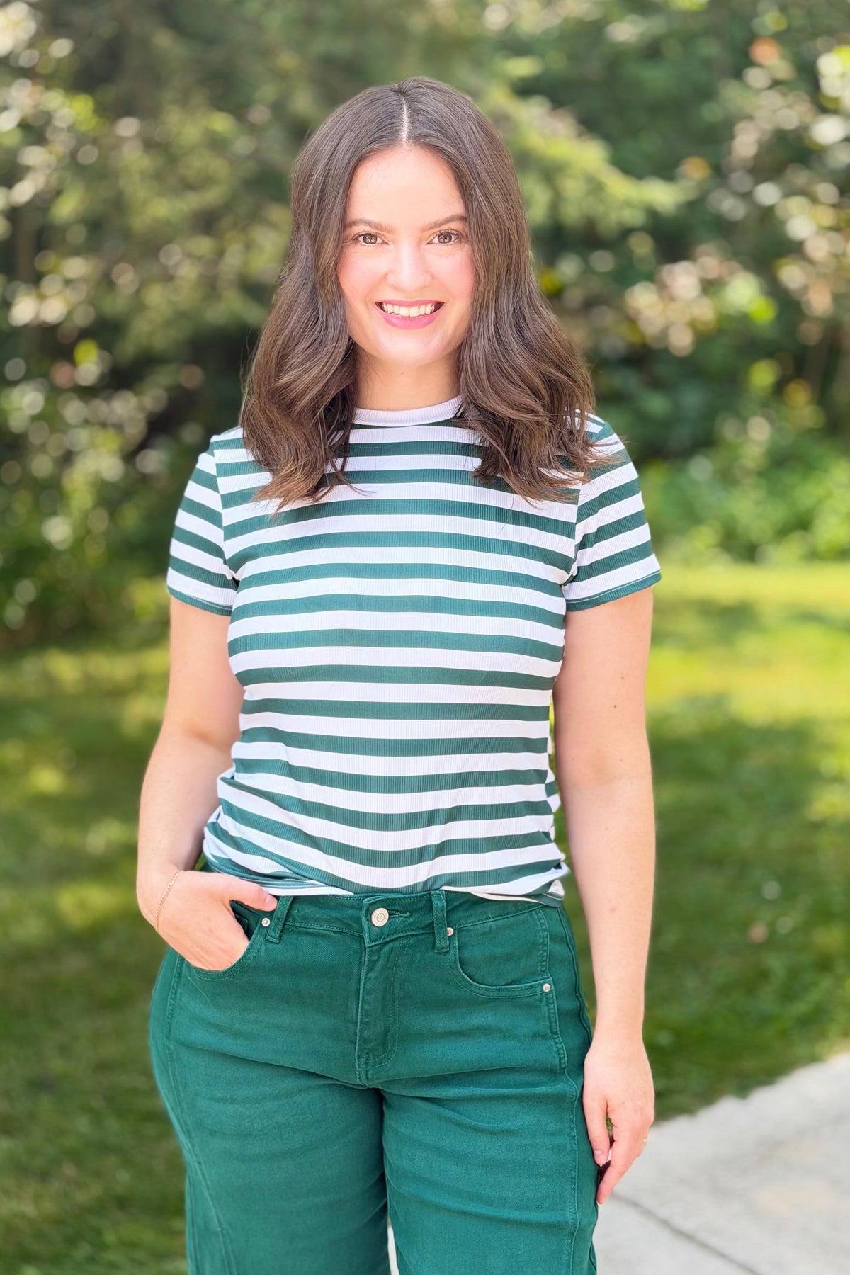 Stripe Ribbed Crewneck Top - Green