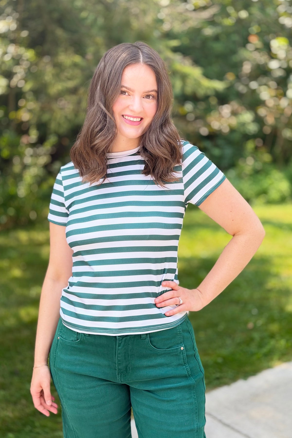Stripe Ribbed Crewneck Top - Green