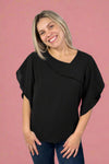 Asymmetrical Cape Sleeve Blouse - Black