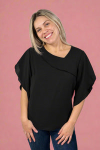 Asymmetrical Cape Sleeve Blouse - Black