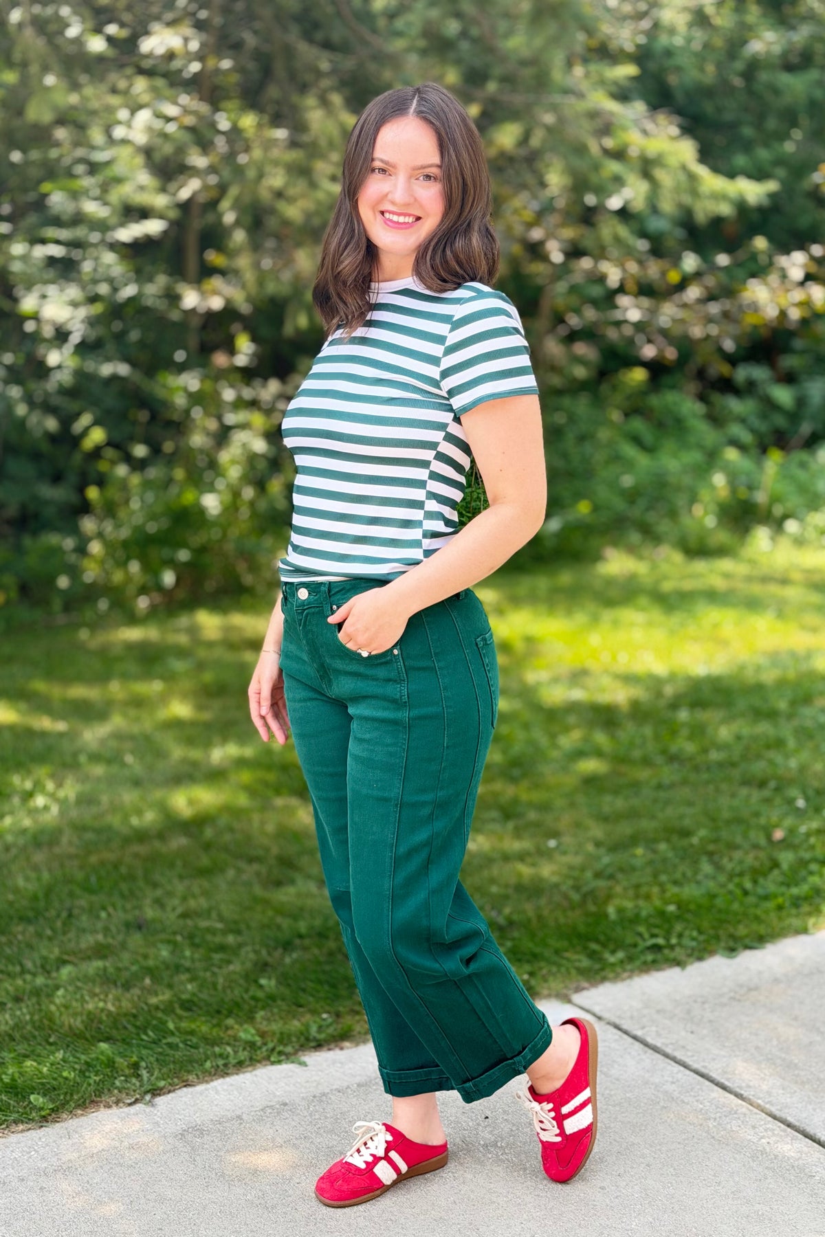 Stripe Ribbed Crewneck Top - Green