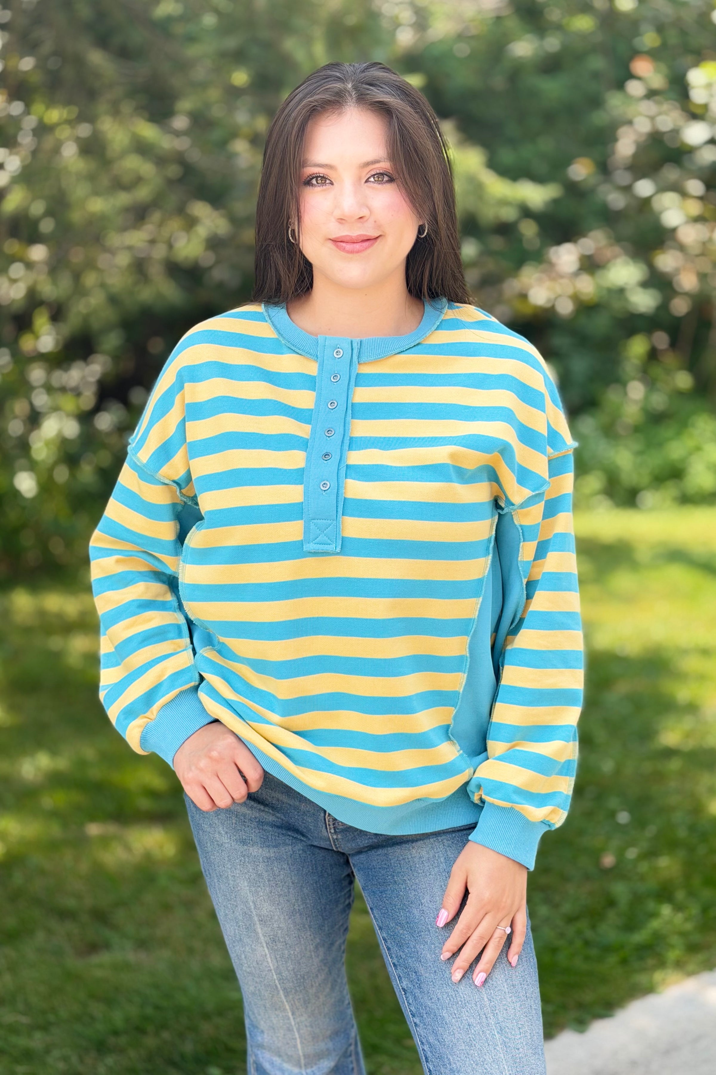 Striped Half Button Down - Yellow