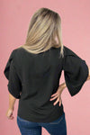 Asymmetrical Cape Sleeve Blouse - Black