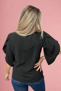 Asymmetrical Cape Sleeve Blouse - Black