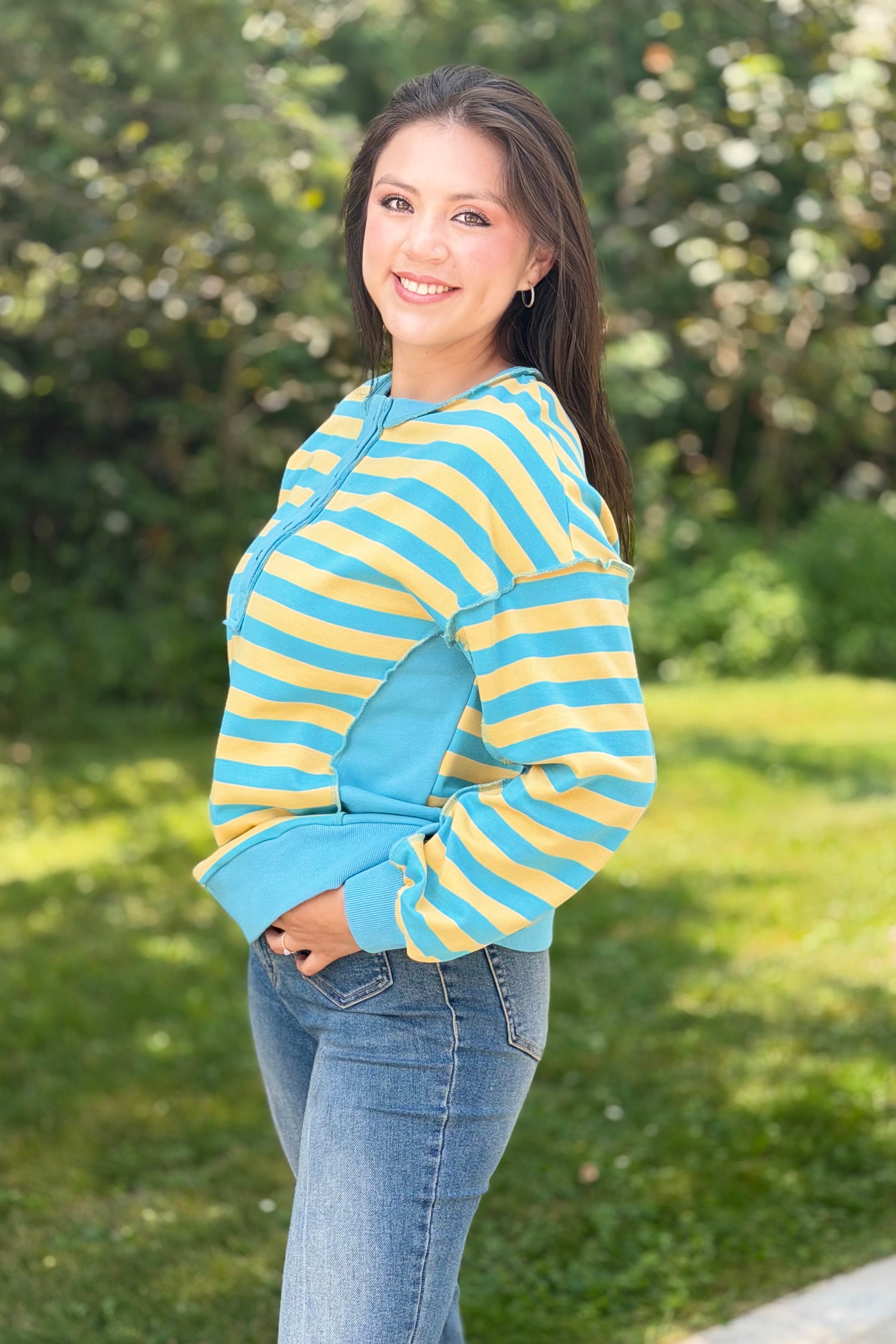 Striped Half Button Down - Yellow