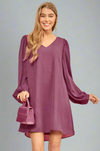 Flowy Woven Dress With Ballon Sleeve - Magenta