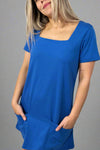 Solid Square Neck Pocket Dress - Blue