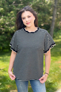 Scallop Trim Stripe Top - Black