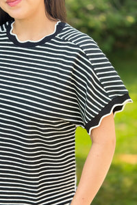 Scallop Trim Stripe Top - Black