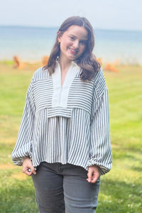 Stripe Peplum Blouse - Charcoal