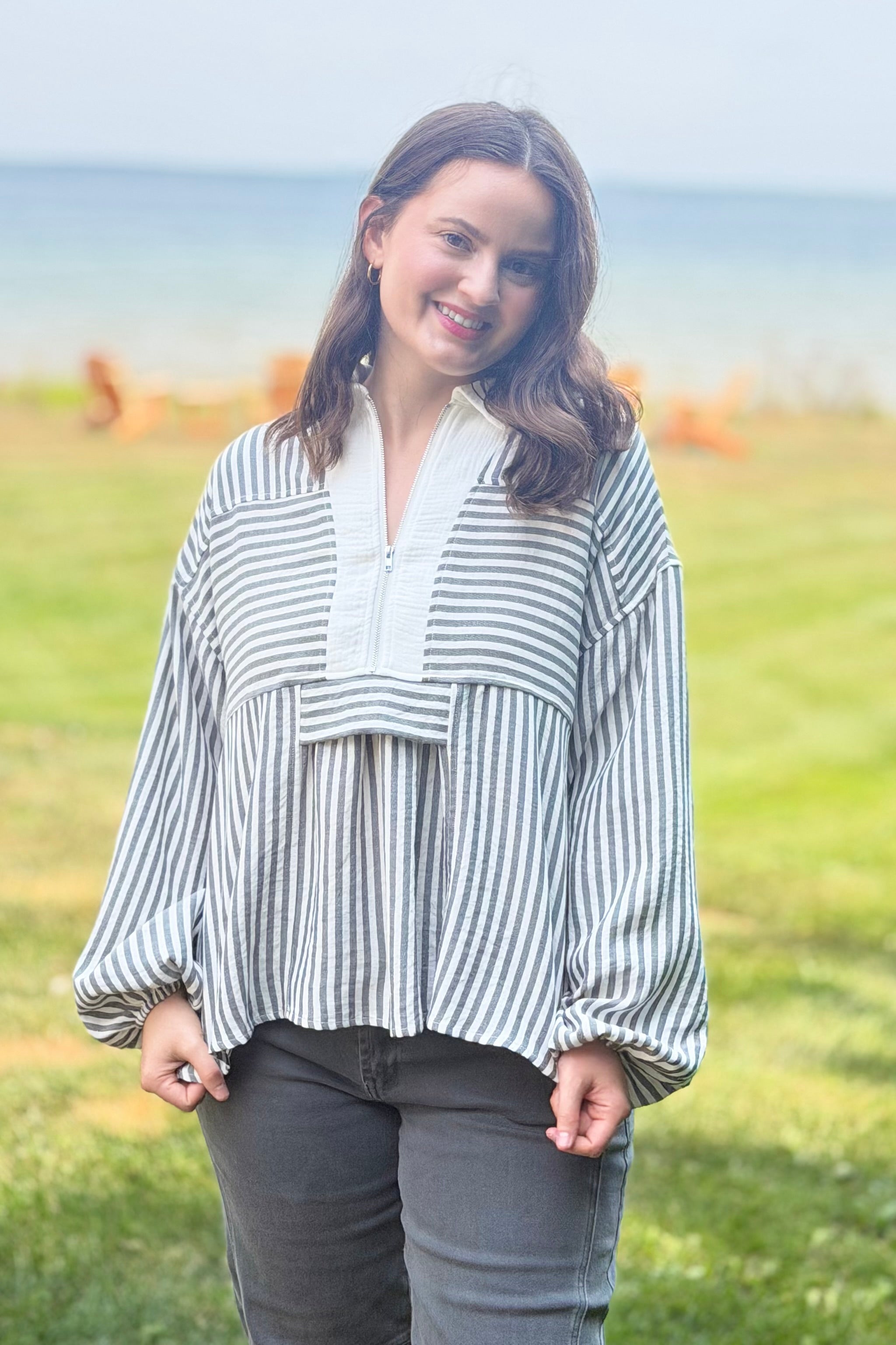 Stripe Peplum Blouse - Charcoal