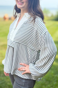 Stripe Peplum Blouse - Charcoal