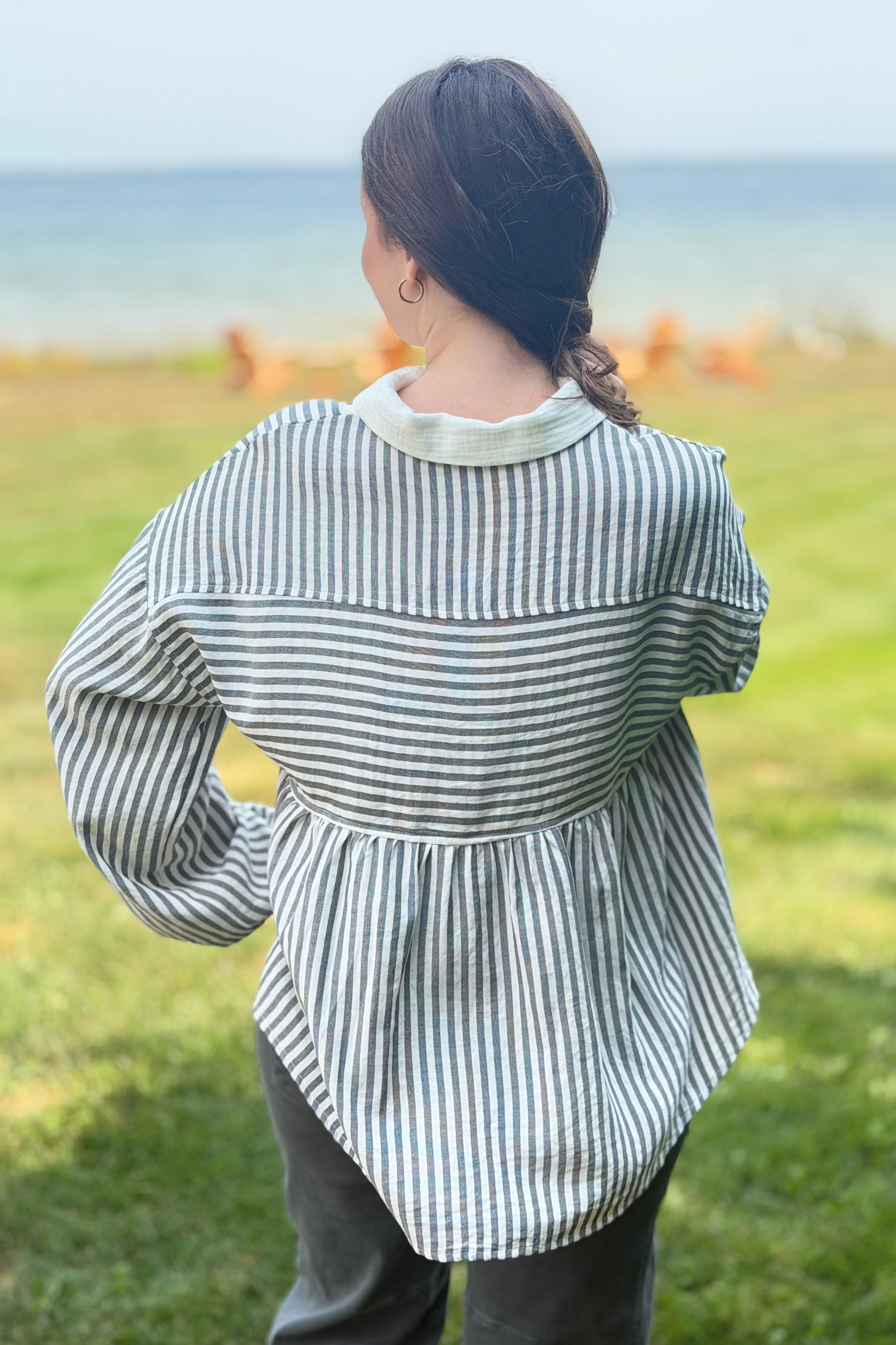 Stripe Peplum Blouse - Charcoal