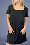 Solid Square Neck Pocket Dress - Black