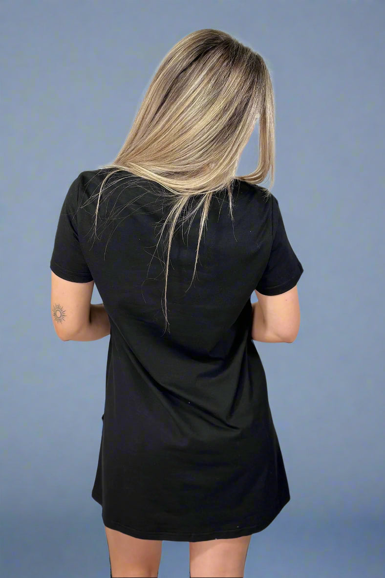 Solid Square Neck Pocket Dress - Black