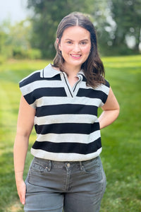 Striped Collared Sweater Vest - Black