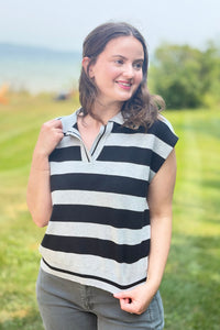 Striped Collared Sweater Vest - Black