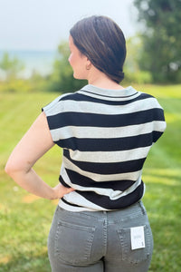Striped Collared Sweater Vest - Black
