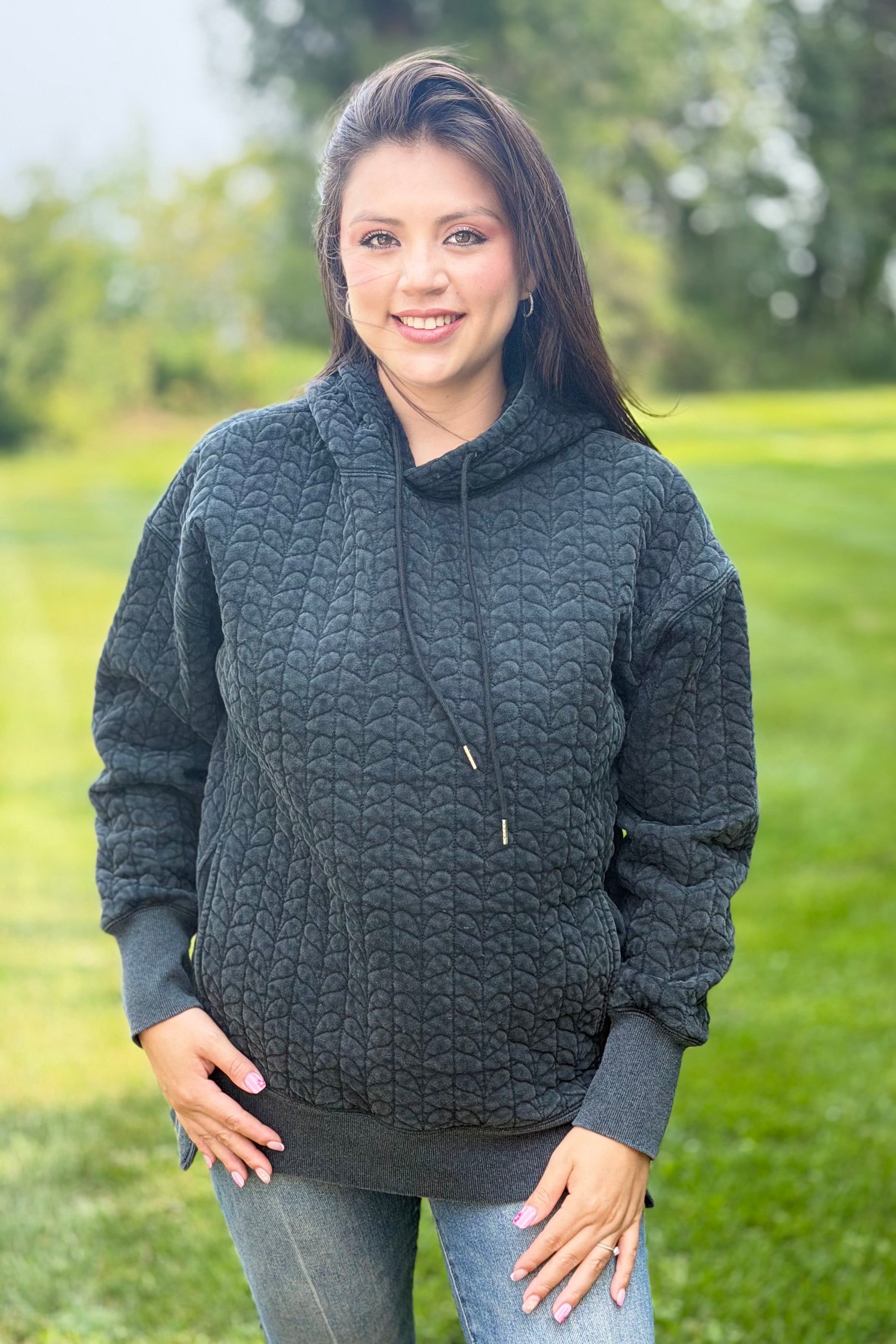 Heart Quilted Hoodie - Charcoal