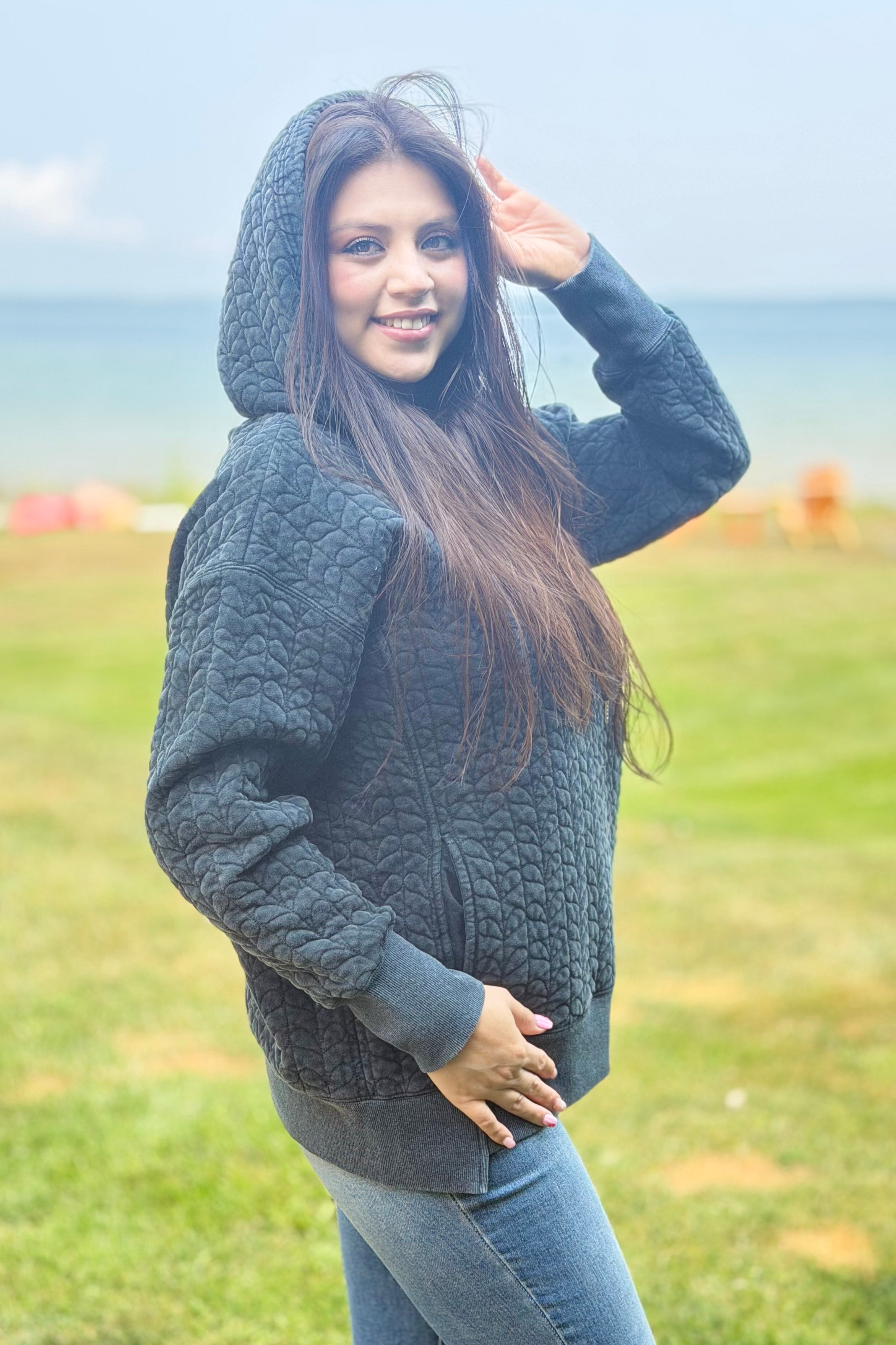 Heart Quilted Hoodie - Charcoal