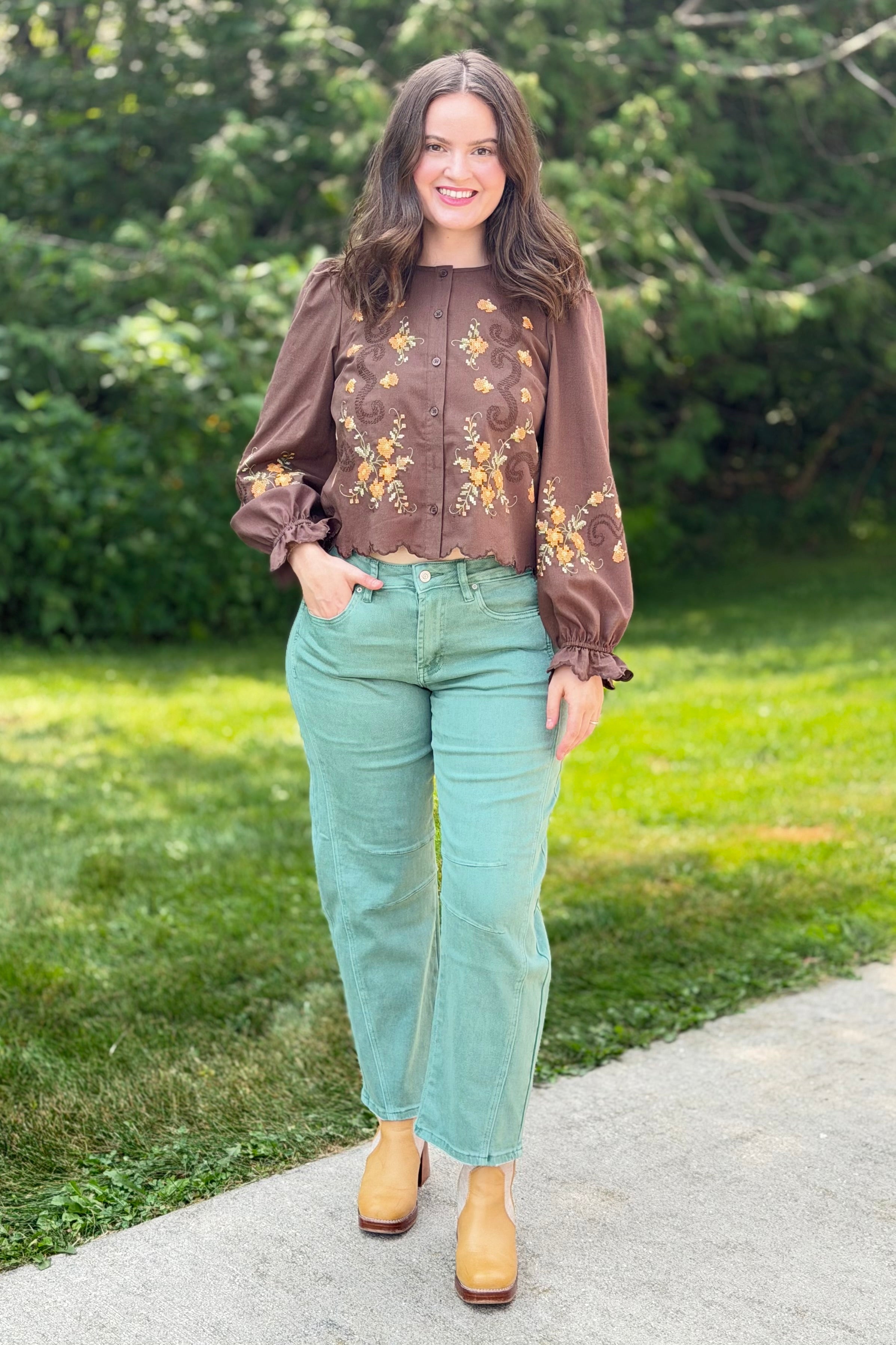 Embroidered Scallop Hem Cotton Blouse