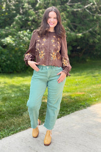 Barrel Leg Color Denim Pants - Olive